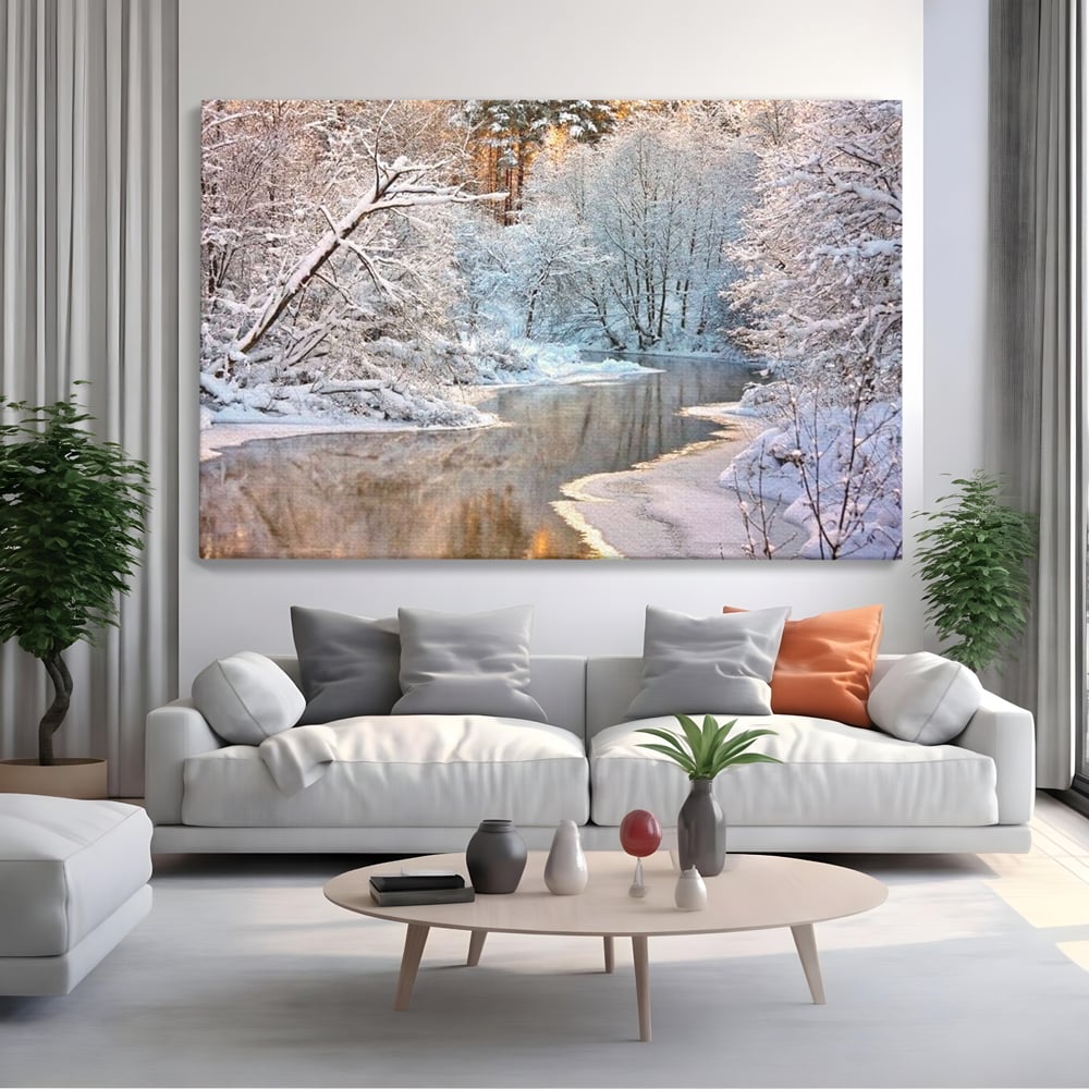 Tablou canvas cu tablou canvas cu peisaj de iarna pe rau, fara rama, pe sasiu de lemn, pe perete intr-un living